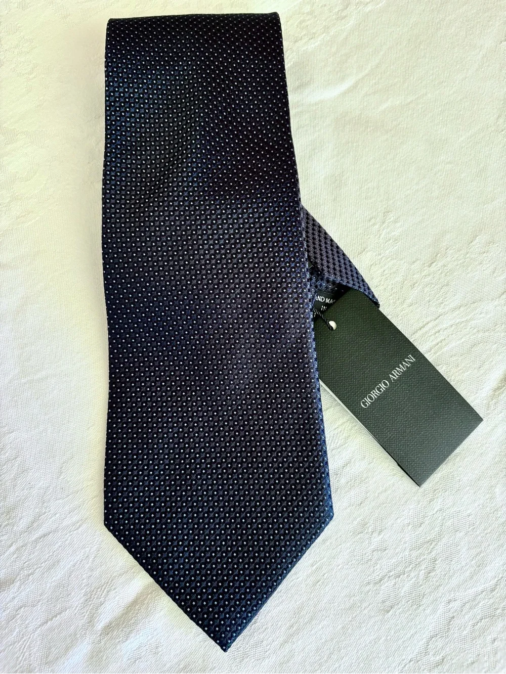 Vintage Giorgio Armani Black Label Silk Tie Jacquard Navy Blue Geometric NWT